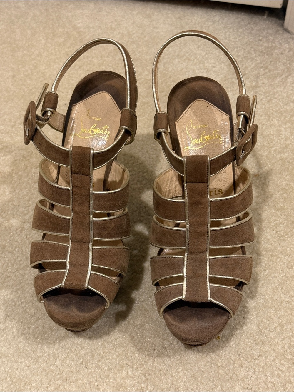 Christian Louboutin Brown Suede Strappy Platform Heels